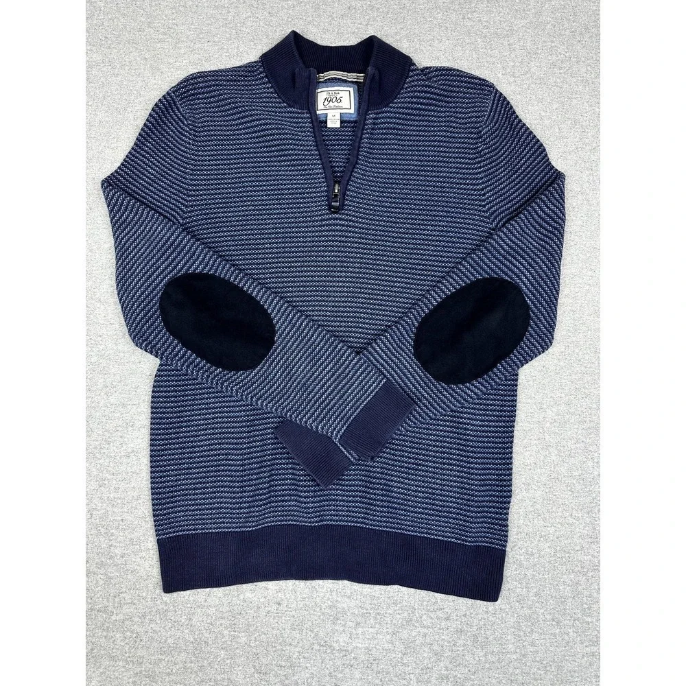 Jos A Bank 1905 Sweater‎ Mens M Blue Stripe Mock Neck Quarter Zip Elbow Patch